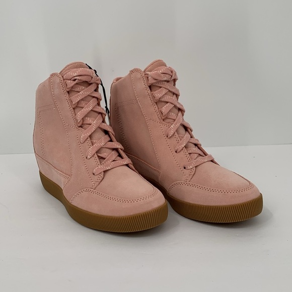 Sorel Out n About hidden wedge ankle boot sneaker pink suede platform new 9 - Picture 3 of 7